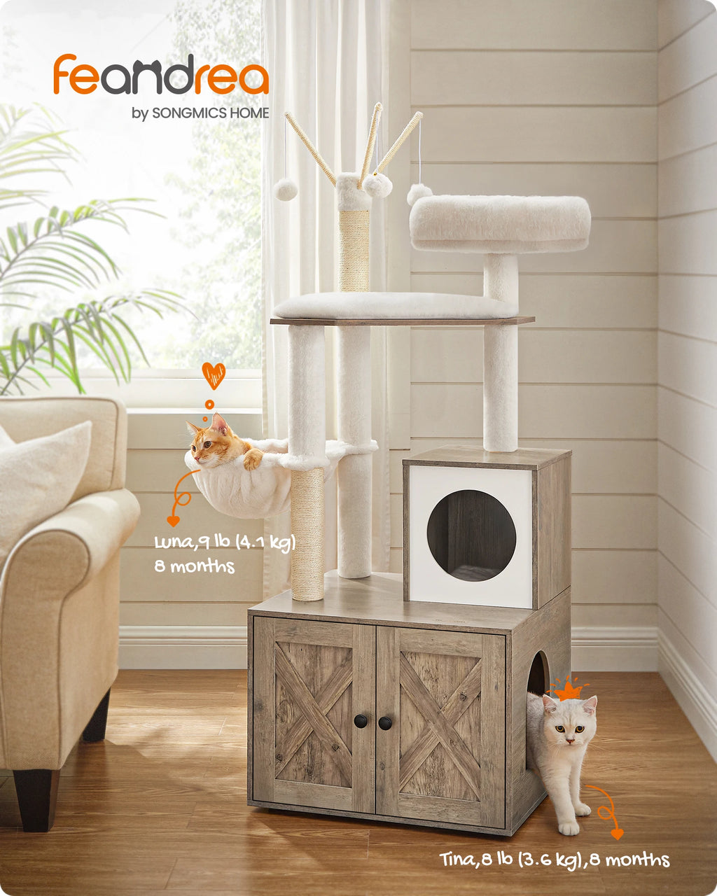 Feandrea WoodyWonders 2-in-1 Cat Tree with Litter Box Enclosure (Modern Cat Tower)