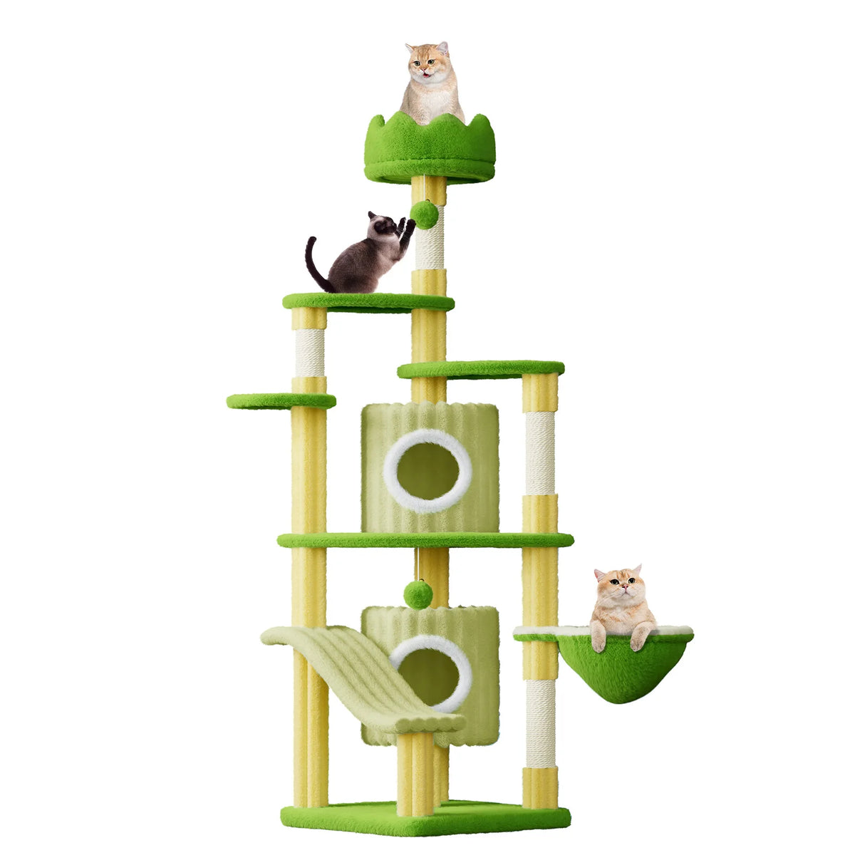 Large 162cm cat tree with five-tier structure and sisal scratching posts - full front view green colour