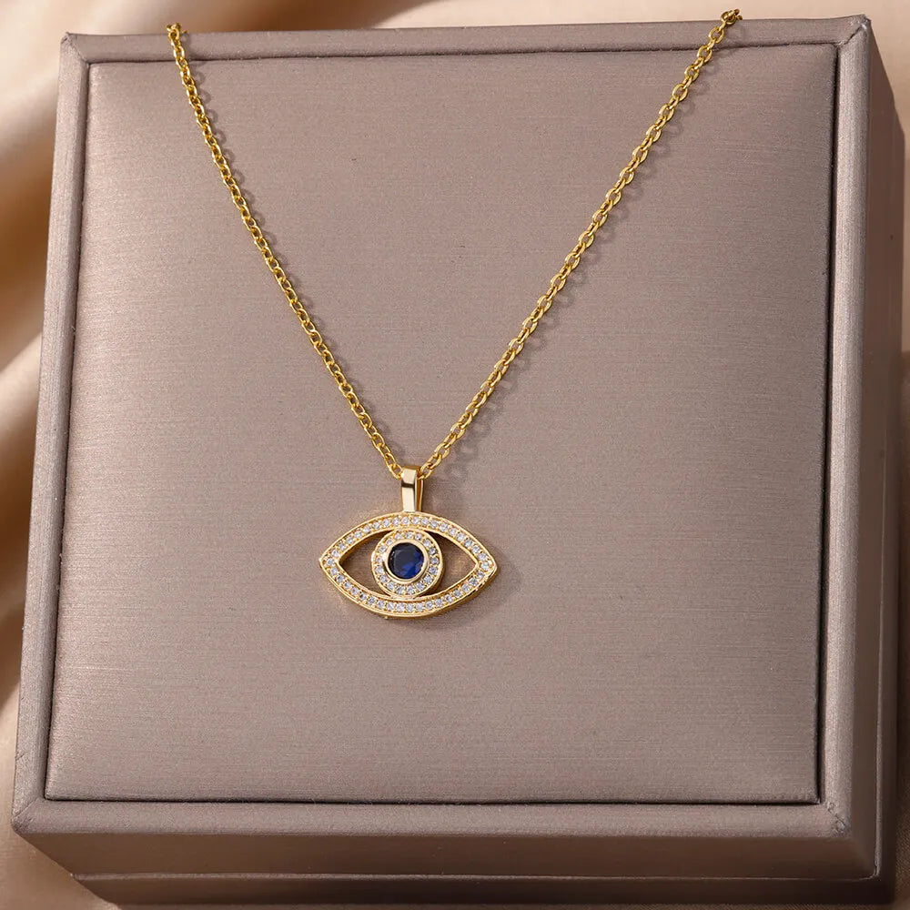 Zircon Blue Evil Eye Necklace for Women Gold Color Stainless Steel Necklace Lucky Turkish Eye Pendants Chain Jewelry Gift Collar
