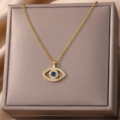Zircon Blue Evil Eye Necklace for Women Gold Color Stainless Steel Necklace Lucky Turkish Eye Pendants Chain Jewelry Gift Collar