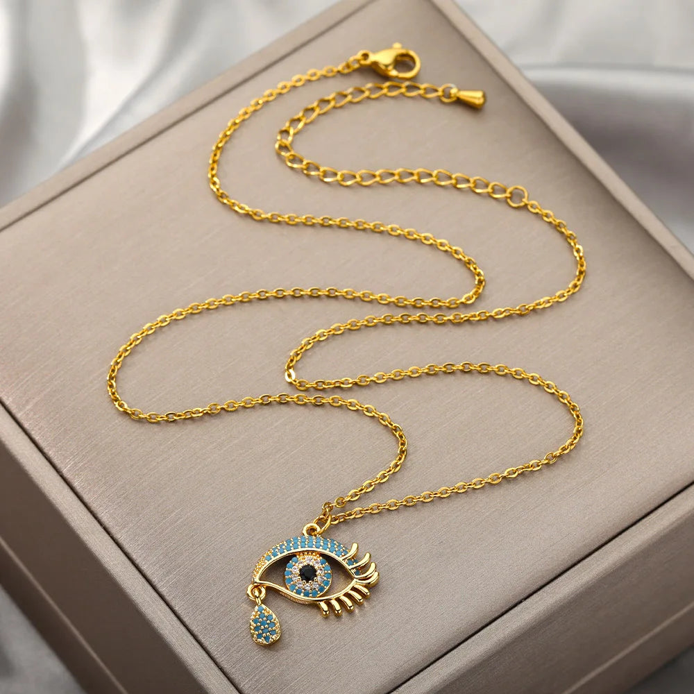 Zircon Blue Evil Eye Necklace for Women Gold Color Stainless Steel Necklace Lucky Turkish Eye Pendants Chain Jewelry Gift Collar