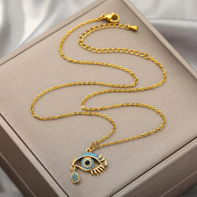 Zircon Blue Evil Eye Necklace for Women Gold Color Stainless Steel Necklace Lucky Turkish Eye Pendants Chain Jewelry Gift Collar