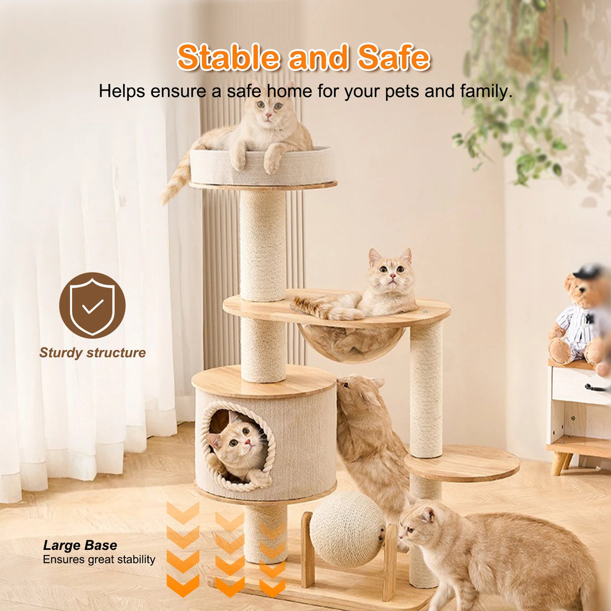 Cat Tree for Large Cats - 5 Tier Heavy Duty Cat Tower with XXL Hammock, Sisal Scratching Posts & Multi-Level Platforms | Indoor Cat Climbing Furniture - safe approach