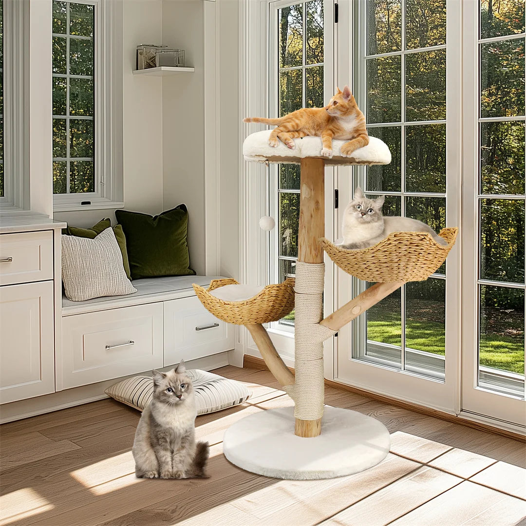 110cm Natural Wood Cat Tree Tower - Modern 3-Tier Climbing Furniture with Sisal Scratching Post & Plush Basket