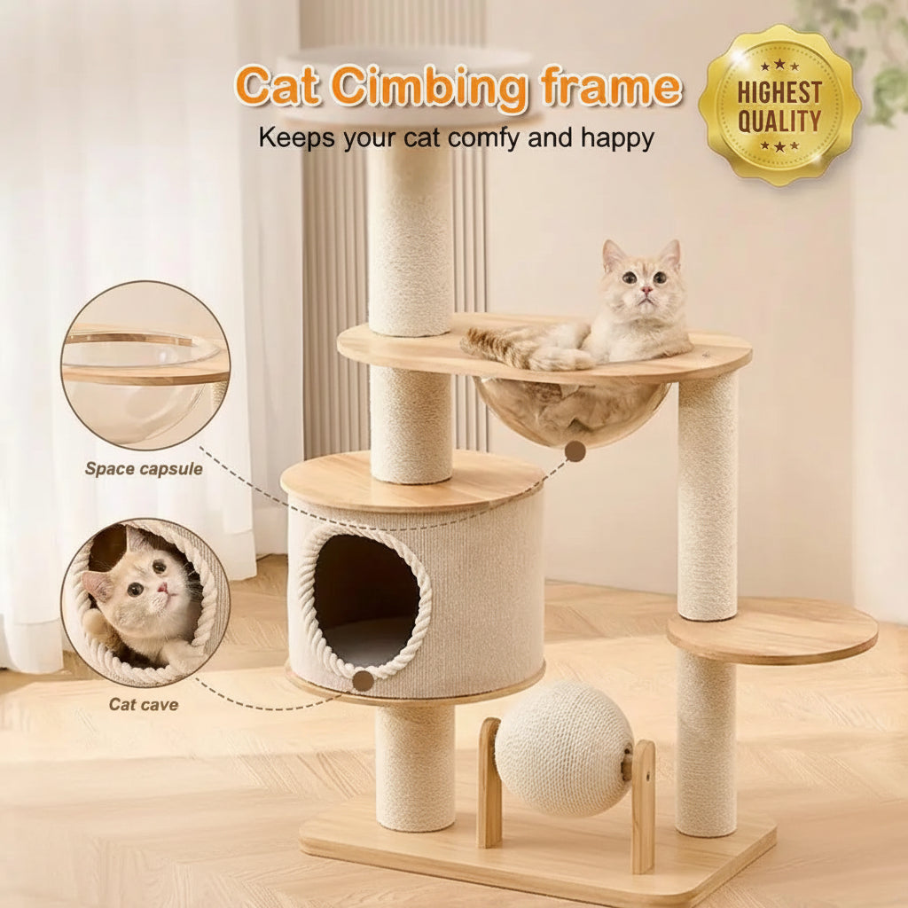 Cat Tree for Large Cats - 5 Tier Heavy Duty Cat Tower with XXL Hammock, Sisal Scratching Posts & Multi-Level Platforms | Indoor Cat Climbing Furniture - front view in saloon