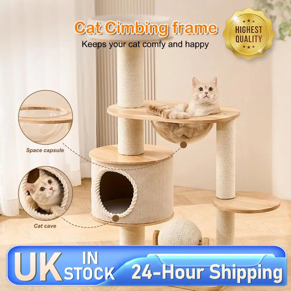 Cat Tree for Large Cats - 5 Tier Heavy Duty Cat Tower with XXL Hammock, Sisal Scratching Posts & Multi-Level Platforms | Indoor Cat Climbing Furniture - front view in saloon