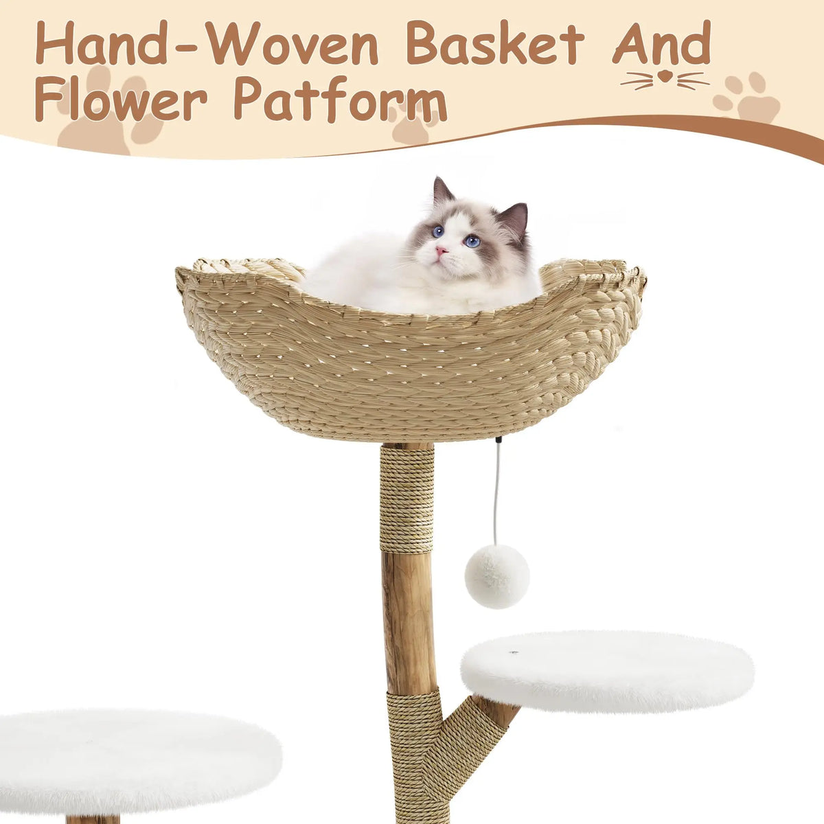 Modern Cat Tree with Real Wood – Wicker Condo & Scratching Post for Indoor Cats