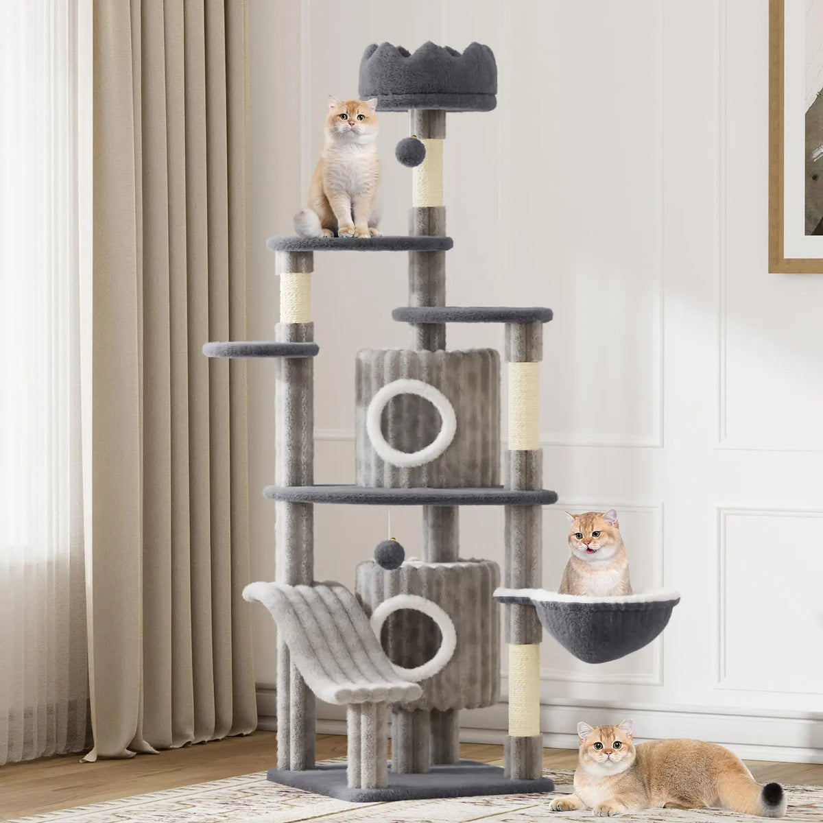 Extra tall cat tree showing multiple platforms and spacious resting basket detail