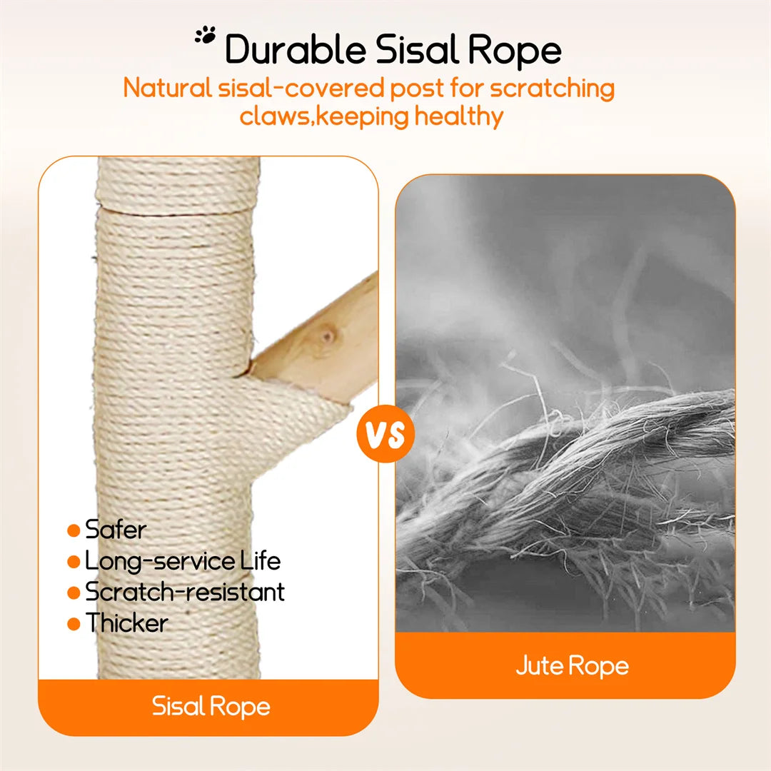 110cm Natural Wood Cat Tree Tower - Modern 3-Tier Climbing Furniture with Sisal Scratching Post & Plush Basket