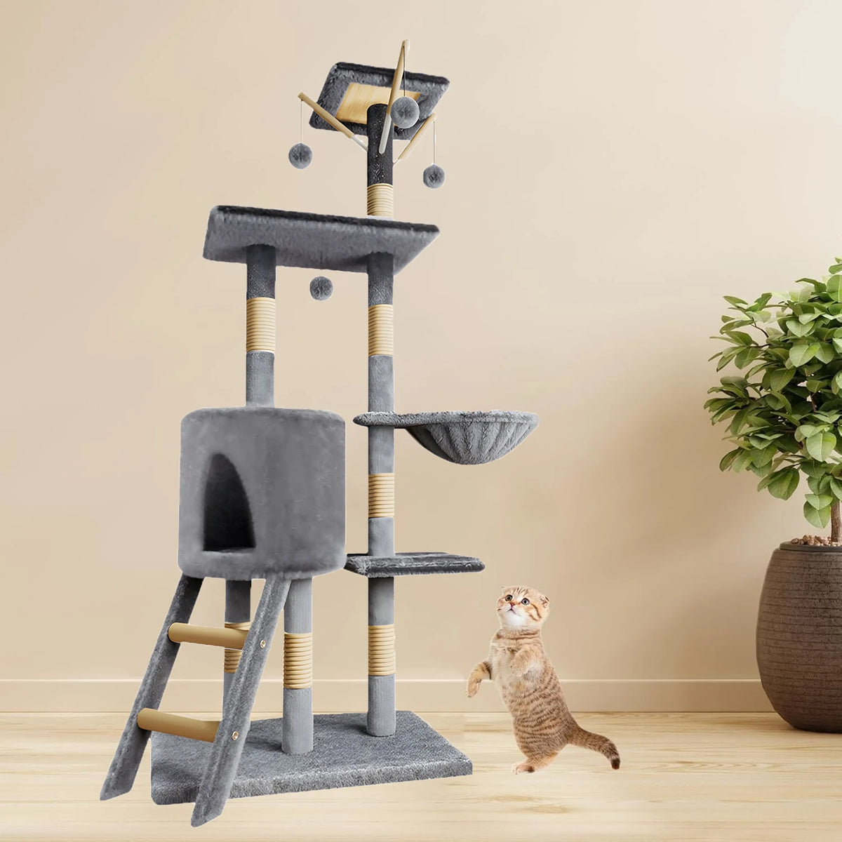 Large cat tree with five tiers and scratching posts - front view
