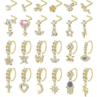 24 Count 20G Surgical Steel Dangle Nose Ring for Women L Shaped Dangling Nose Stud Dainty Nose Hoop Set CZ Flower Leaf Heart Moon Star Butterfly Dangle Nose Piercing