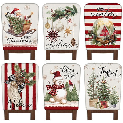6 Pcs Christmas Chair Covers Christmas Themed Chair Back Covers Designed with Santa Clause Snowman Christmas Tree Elk Snowflake Nativity Patterns, Christmas Gifts, Festive Holiday Chair Protector for Home Dining Room Living Room Bedroom Decorations