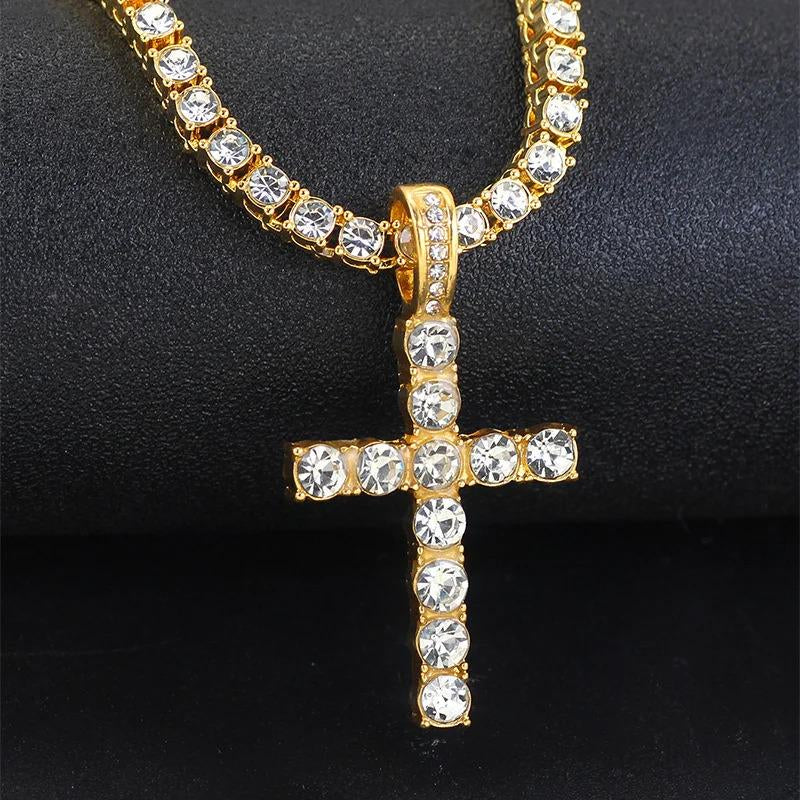 Stylish Stainless Steel Double - Row Cuban Link Chain with Sparkling Embellished Hip-Hop Cross Pendant Necklace