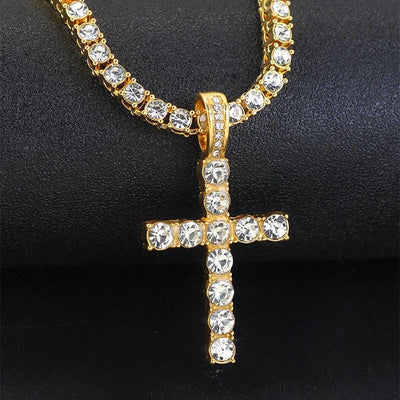 Stylish Stainless Steel Double - Row Cuban Link Chain with Sparkling Embellished Hip-Hop Cross Pendant Necklace