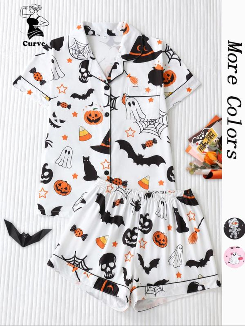 【Plus Size】 Cherry Print Top & Shorts Pyjama, Casual Comfy Short Sleeve Top & Shorts Pj Set, Women'S Sleepwear for Summer, Loungewear
