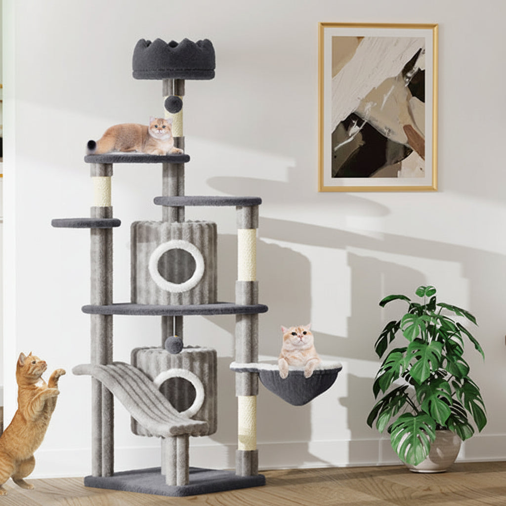 Large cat tree styled in modern living room interior setting