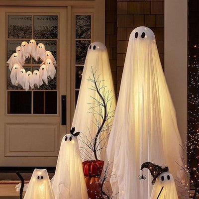 DIY Halloween Ghost Light Wreath, White Illuminated Ghost Wreath, Front Door Decoration, Indoor and Outdoor Wall, Window, Porch, Courtyard, Garden, Farmhouse, Family Party, Dance Party Decoration (No Battery, Need to Purchase AA Battery Yourself)