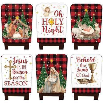 6 Pcs Christmas Chair Covers Christmas Themed Chair Back Covers Designed with Santa Clause Snowman Christmas Tree Elk Snowflake Nativity Patterns, Christmas Gifts, Festive Holiday Chair Protector for Home Dining Room Living Room Bedroom Decorations