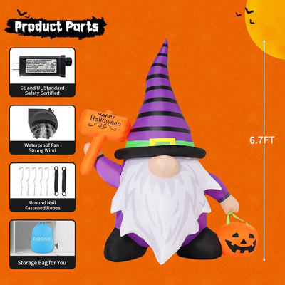 Halloween Gnome Inflatables 6.7 FT Outdoor Decorations, Halloween Gnome Blow up Yard Decorations Built-In LED Lights for Halloween Decoration, Purple