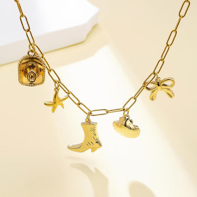 Exquisite Charms Pearl Pendant Necklace for Women Stainless Steel Gold Color Bow Charm Choker Conch Shell Fashion Jewelry