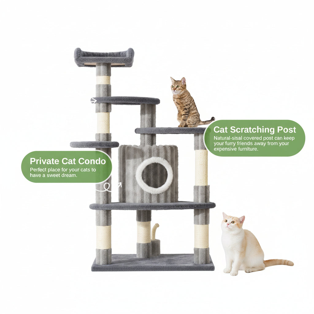 Large 162cm cat tree with five-tier structure and sisal scratching posts - full front view - features