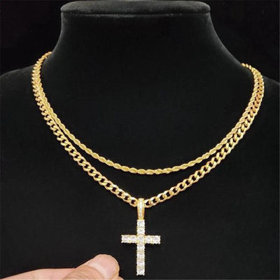 Stylish Stainless Steel Double - Row Cuban Link Chain with Sparkling Embellished Hip-Hop Cross Pendant Necklace