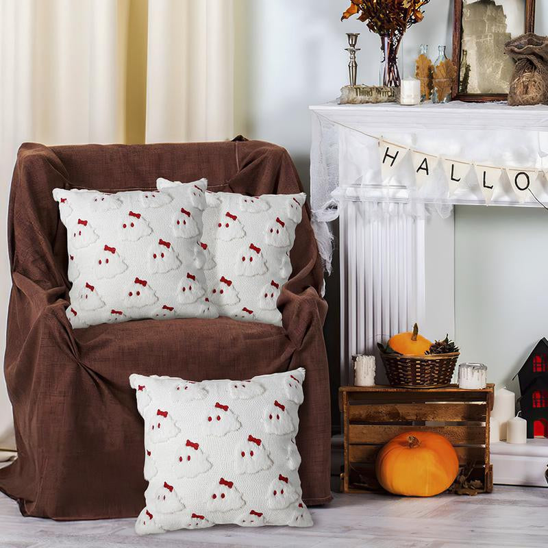 Halloween Pillow Covers 18X18 Set of 2 White Ghost Throw Pillow Cases Soft Plush Faux Fur Wool Cute Red Bow Pillowcases Couch Cushion Case Home Decor for Sofa Living Room