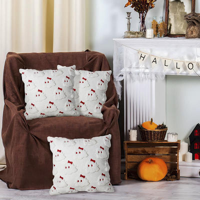 Halloween Pillow Covers 18X18 Set of 2 White Ghost Throw Pillow Cases Soft Plush Faux Fur Wool Cute Red Bow Pillowcases Couch Cushion Case Home Decor for Sofa Living Room