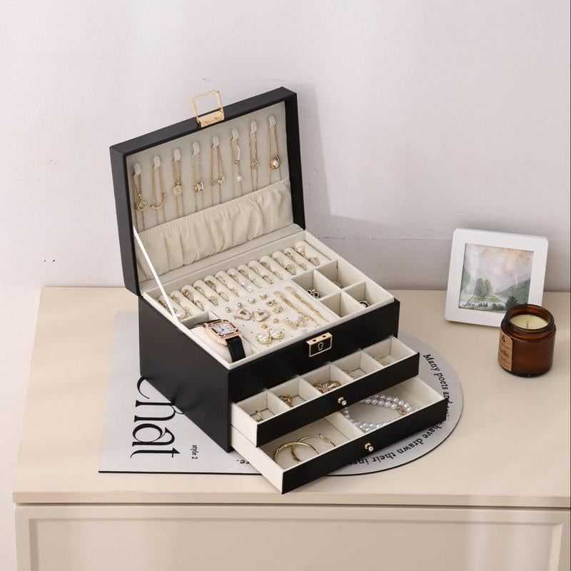 3 Layers Jewelry Velvet Box, 1 Set Large Capacity Jewelry Holder Organizer with Drawer, Lockable Divided Compartments Jewelry Multilayer Storage Boxes for Earring Necklace Ring, Gift for Women, Durable Storage Organizer