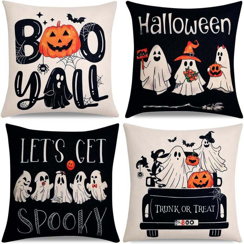 Ghost Halloween Decor-Throw Pillow Covers 18X18 in Set of 4,Spooky Gothic Linen Pillow Case for Couch Fall Christmas Holiday Outdoor Burnt Orange Black White Decorations