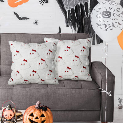 Halloween Pillow Covers 18X18 Set of 2 White Ghost Throw Pillow Cases Soft Plush Faux Fur Wool Cute Red Bow Pillowcases Couch Cushion Case Home Decor for Sofa Living Room