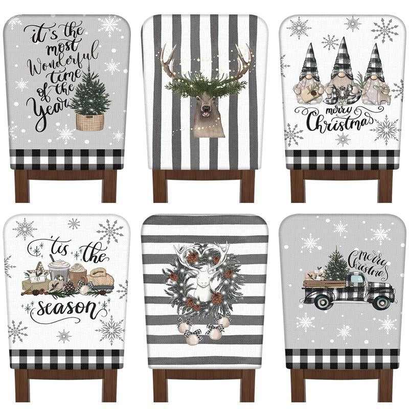 6 Pcs Christmas Chair Covers Christmas Themed Chair Back Covers Designed with Santa Clause Snowman Christmas Tree Elk Snowflake Nativity Patterns, Christmas Gifts, Festive Holiday Chair Protector for Home Dining Room Living Room Bedroom Decorations