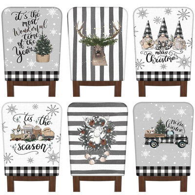 6 Pcs Christmas Chair Covers Christmas Themed Chair Back Covers Designed with Santa Clause Snowman Christmas Tree Elk Snowflake Nativity Patterns, Christmas Gifts, Festive Holiday Chair Protector for Home Dining Room Living Room Bedroom Decorations