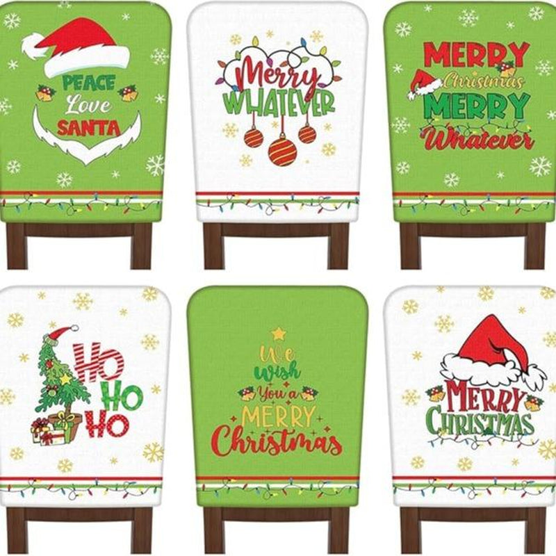 6 Pcs Christmas Chair Covers Christmas Themed Chair Back Covers Designed with Santa Clause Snowman Christmas Tree Elk Snowflake Nativity Patterns, Christmas Gifts, Festive Holiday Chair Protector for Home Dining Room Living Room Bedroom Decorations