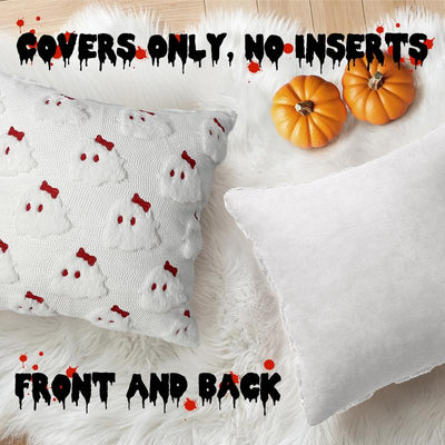 Halloween Pillow Covers 18X18 Set of 2 White Ghost Throw Pillow Cases Soft Plush Faux Fur Wool Cute Red Bow Pillowcases Couch Cushion Case Home Decor for Sofa Living Room