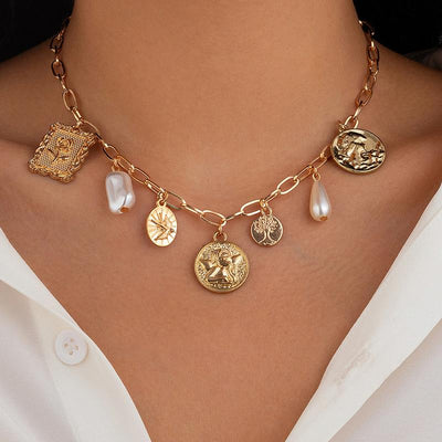 Exquisite Charms Pearl Pendant Necklace for Women Stainless Steel Gold Color Bow Charm Choker Conch Shell Fashion Jewelry