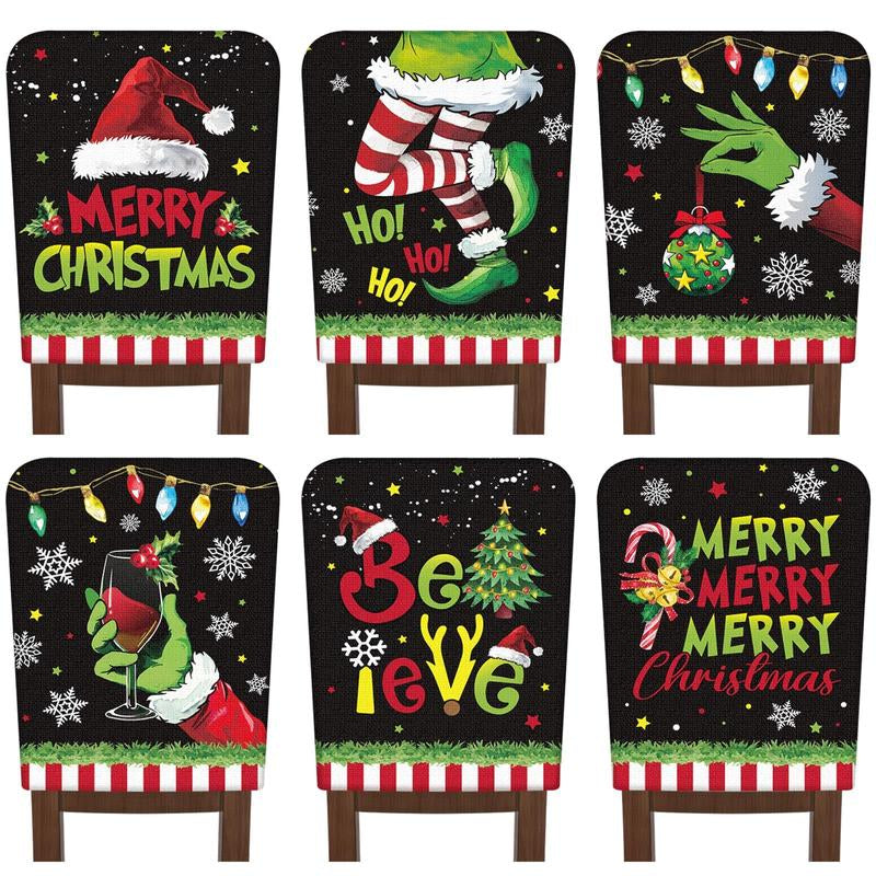 6 Pcs Christmas Chair Covers Christmas Themed Chair Back Covers Designed with Santa Clause Snowman Christmas Tree Elk Snowflake Nativity Patterns, Christmas Gifts, Festive Holiday Chair Protector for Home Dining Room Living Room Bedroom Decorations