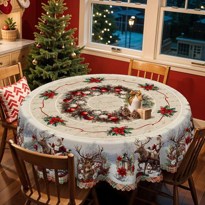 1Pc Retro Christmas Themed Print Tablecloth - Rectangle Table Cover with Santa Claus, Manteles De Tela Para Fiesta, Xmas Decor, Holiday Party Indoor Dining Decor, round Table Cloth, Christmas Party, Festive Home Kitchen Accessory Gifts Table Linens