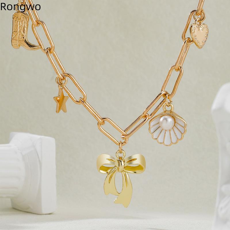Exquisite Charms Pearl Pendant Necklace for Women Stainless Steel Gold Color Bow Charm Choker Conch Shell Fashion Jewelry