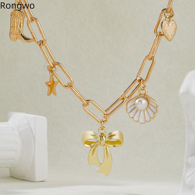 Exquisite Charms Pearl Pendant Necklace for Women Stainless Steel Gold Color Bow Charm Choker Conch Shell Fashion Jewelry