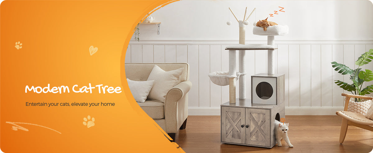 Feandrea WoodyWonders 2-in-1 Cat Tree with Litter Box Enclosure (Modern Cat Tower)