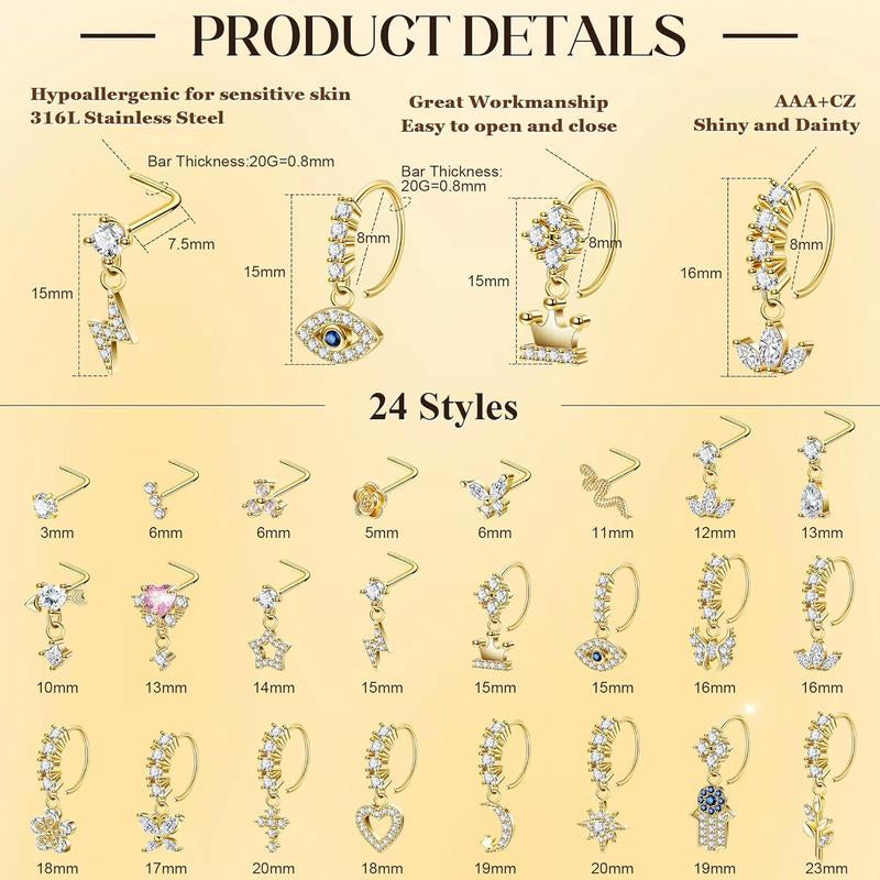 24 Count 20G Surgical Steel Dangle Nose Ring for Women L Shaped Dangling Nose Stud Dainty Nose Hoop Set CZ Flower Leaf Heart Moon Star Butterfly Dangle Nose Piercing