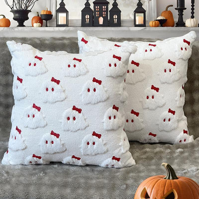 Halloween Pillow Covers 18X18 Set of 2 White Ghost Throw Pillow Cases Soft Plush Faux Fur Wool Cute Red Bow Pillowcases Couch Cushion Case Home Decor for Sofa Living Room