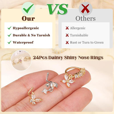 24 Count 20G Surgical Steel Dangle Nose Ring for Women L Shaped Dangling Nose Stud Dainty Nose Hoop Set CZ Flower Leaf Heart Moon Star Butterfly Dangle Nose Piercing