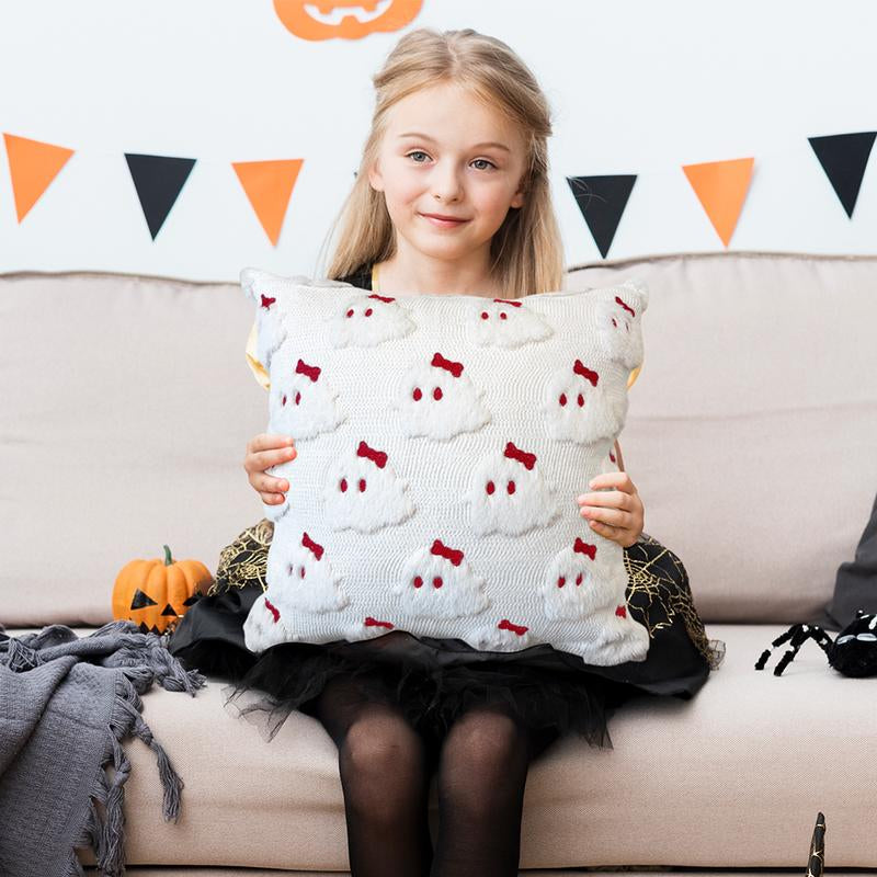 Halloween Pillow Covers 18X18 Set of 2 White Ghost Throw Pillow Cases Soft Plush Faux Fur Wool Cute Red Bow Pillowcases Couch Cushion Case Home Decor for Sofa Living Room