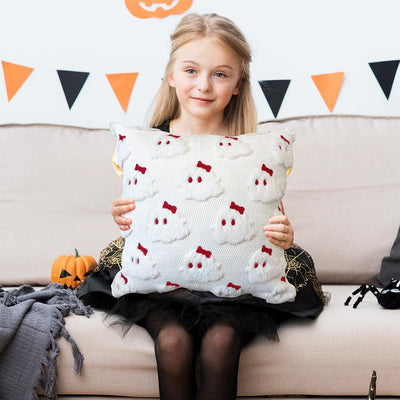 Halloween Pillow Covers 18X18 Set of 2 White Ghost Throw Pillow Cases Soft Plush Faux Fur Wool Cute Red Bow Pillowcases Couch Cushion Case Home Decor for Sofa Living Room